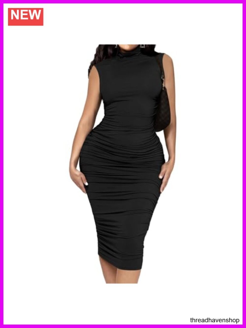 Ruched Mock Neck Sleeveless Bodycon Midi Dress Semi Formal Stretchy